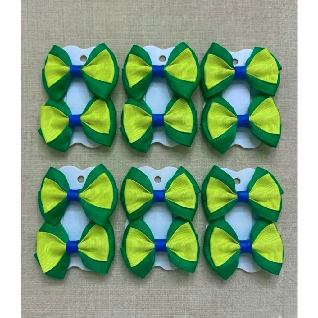 Kit 6 Pares Laços Infantil Brasil Verde Amarelo 🇧🇷 – Presilha Boutique Antiderrapante, Acessório Cabelo Menina, Festa Es