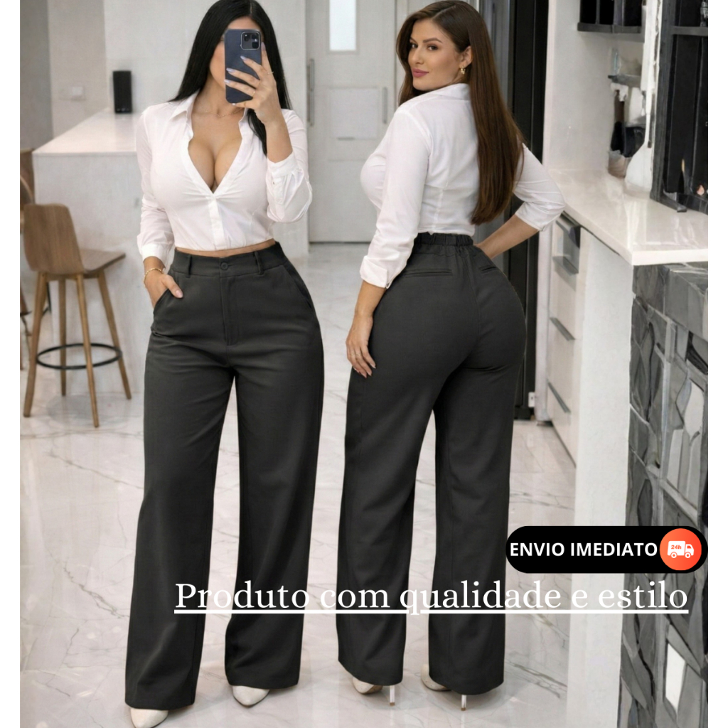 Calça Pantalona Alfaiataria Com Bolso Premium Cintura Alta PROMOÇÃO