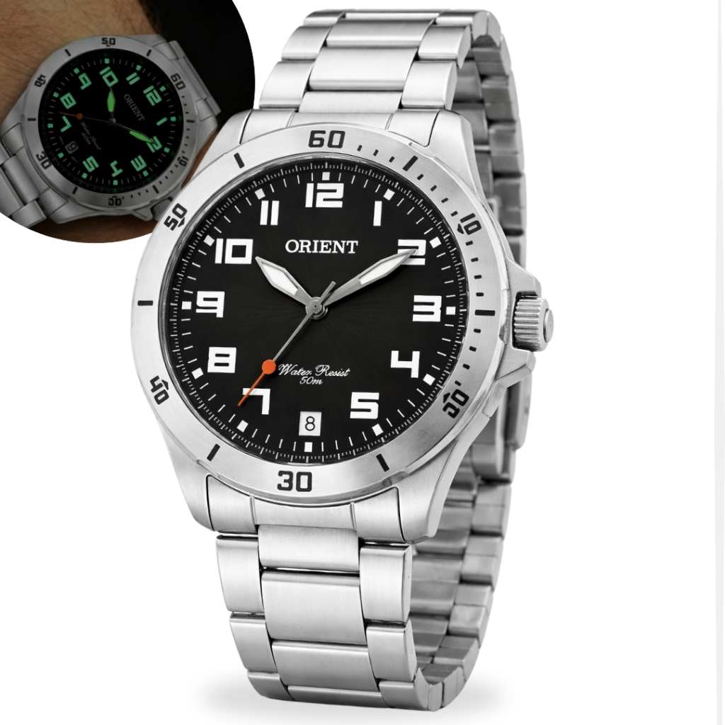 Relógio Orient Analógico Masculino Quartz Em Aço inox Casual Calendário Efeito Fosforescente Prova D'água 5 ATM Original