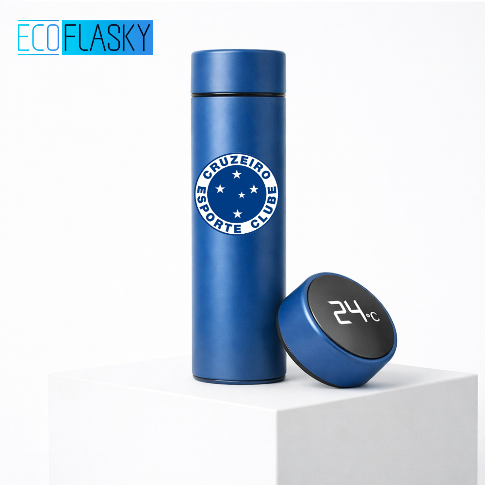 Garrafa Térmica de Aço Inoxidavel Cruzeiro Time de Futebol com Medidor De Temperatura Digital 500ml