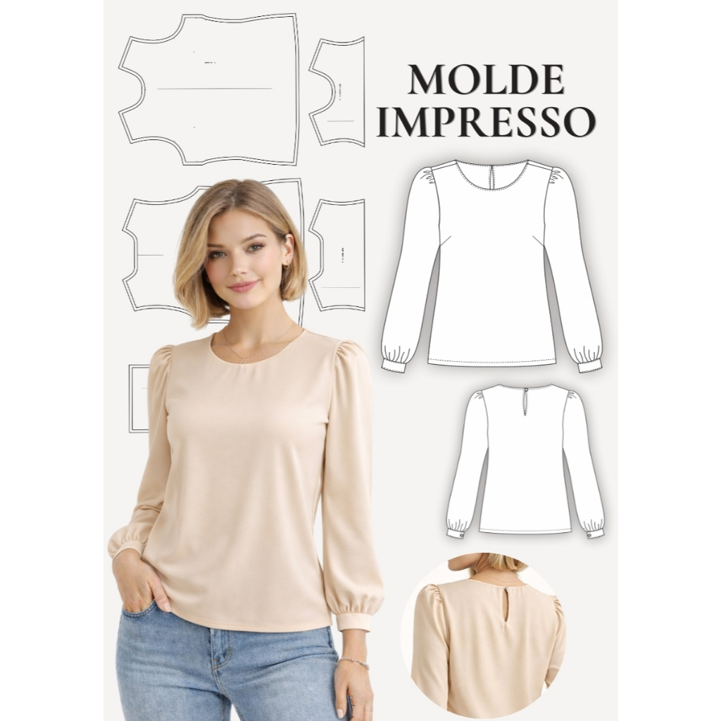 MOLDE EM PAPEL PARA COSTURA IMPRESSO  BLUSA FEMININA MANGA BUFANTE PLUS SIZE PEROLA  - MOLDELAGEM