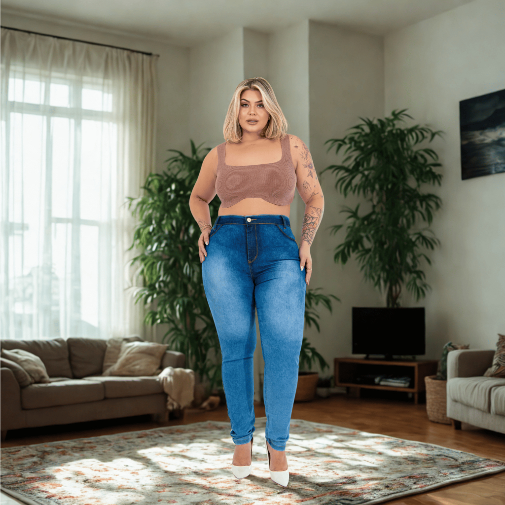 Calças Jeans Femininas Plus Size Cintura Alta Até o Umbigo com Elastano do 46 ao 56