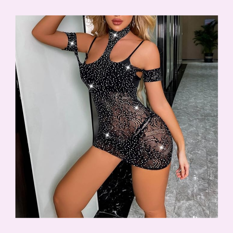 Vestido Arrastão com Brilho Sexy – Detalhes em Strass, Transparente, Tamanho Único 36 ao 40 PINKBABY-2325