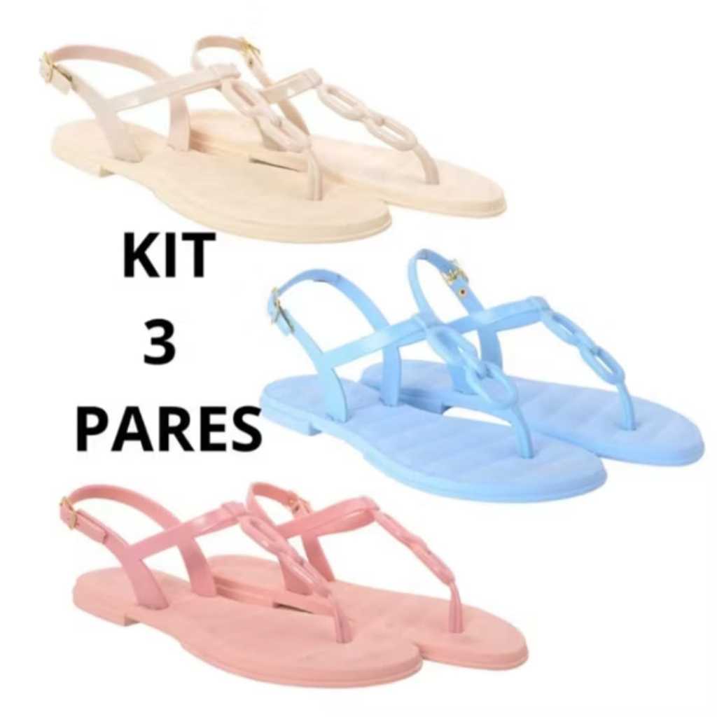 Kit 3 Sandálias Modelo Corrente Tendência Moda Blogueira Mulher Estilosa Rasteirinha Confortável