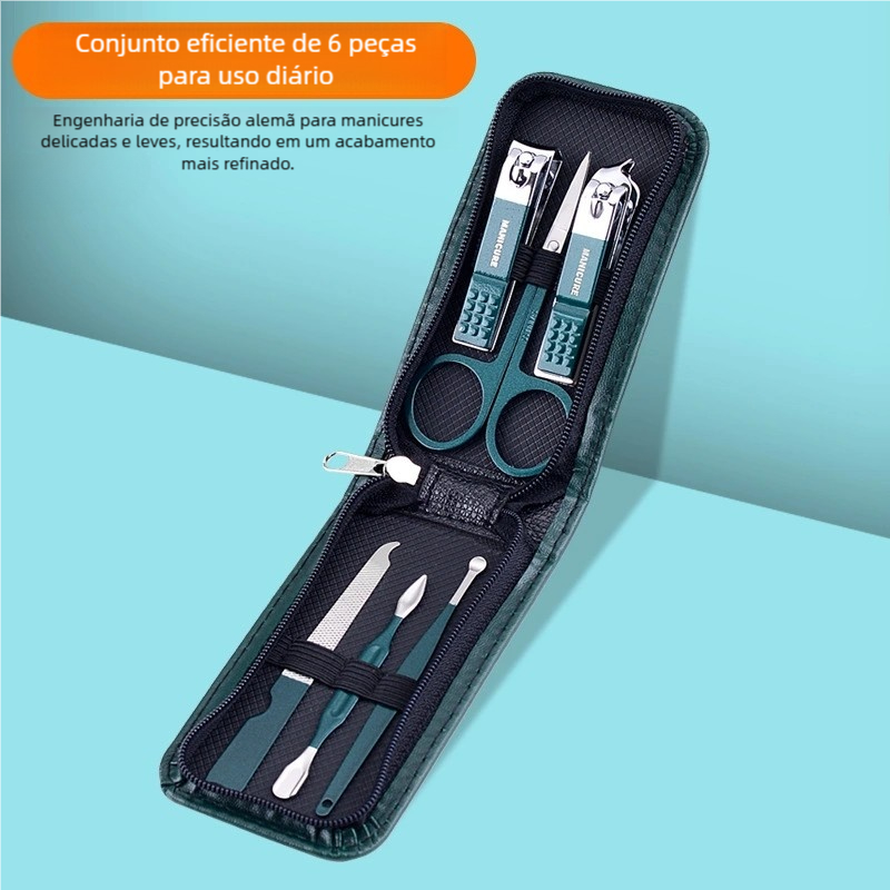 Manicure Pedicure Luxury 6 Pcs – Alemanha, Portátil, Clipper Preto Brilhante, Tesoura de Sobrancelhas