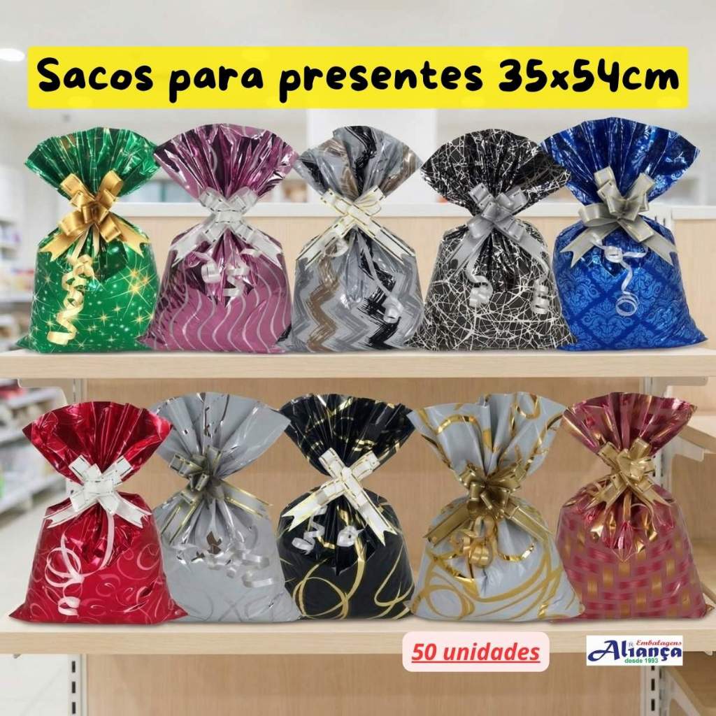 50 Sacos para presentes 35x54cm BOPP metalizados Embalagem para presente