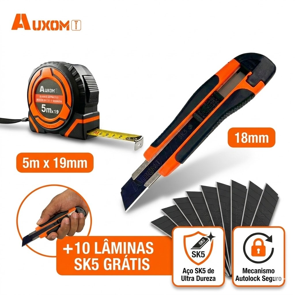 Kit Trena 5m e Estilete Profissional Emborrachado | 10 Lâminas SK5 Grátis - Alta Precisão e Trava Automática AUXOM em Oferta na Shopee