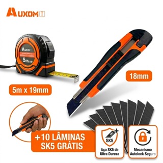 Kit Trena 5m e Estilete Profissional Emborrachado | 10 Lâminas SK5 Grátis - Alta Precisão e Trava Automática AUXOM em Oferta na Shopee