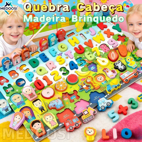 MEDOOSI Jogo Quebra Cabeça Educativo Infantil com Alfanumérico/ Crianças Montessori Madeira Brinquedo de Pesca Magnético