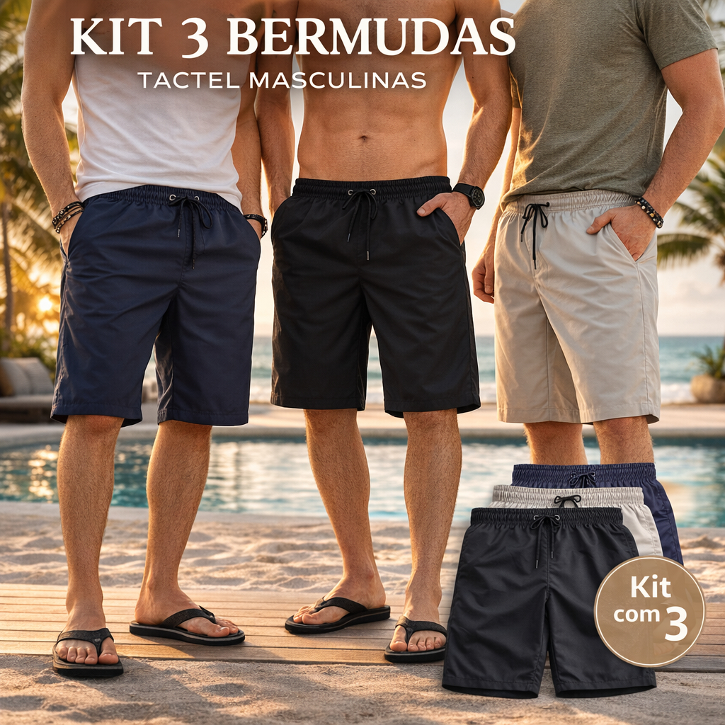 Kit 3 Shorts Masculinos em Tactel com Elastano Conforto Extremo Praia Piscina e Casual