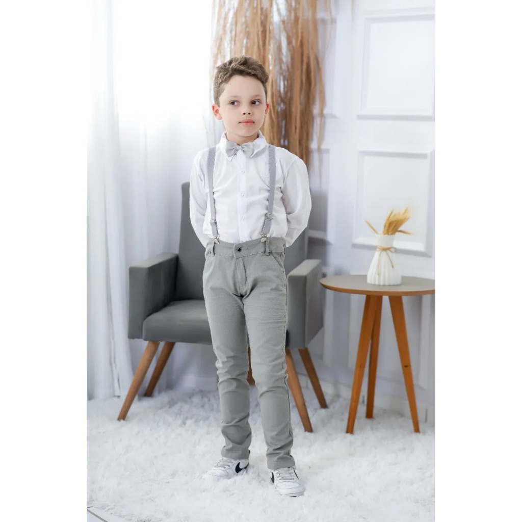 Conjunto Roupa Social Calça Cinza Camisa Branca Gravata Suspensório Batizado Casamento Formatura Festa Evento