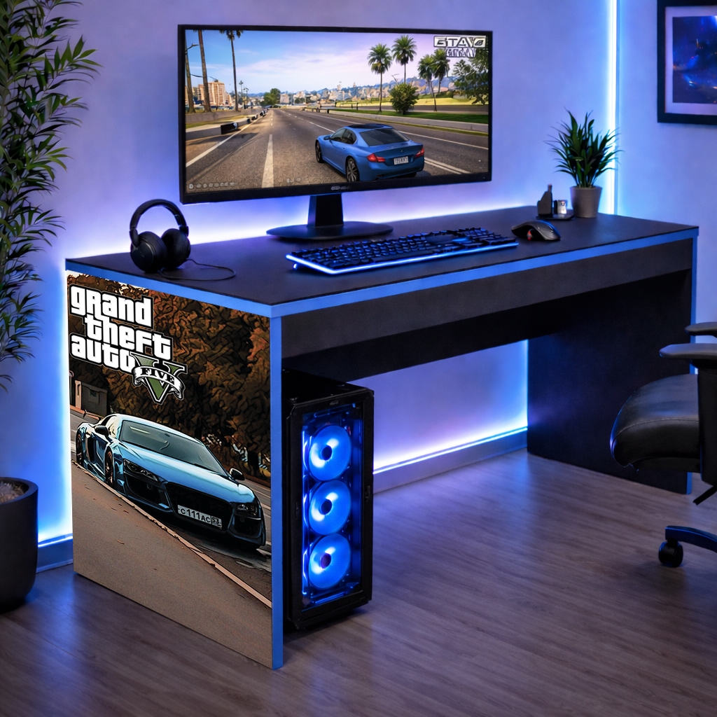 Mesinha Escrivaninha Jogos Mesa Gamer Bordas Azul Informatica GTA 5 Achadinho Shopee 90 CM