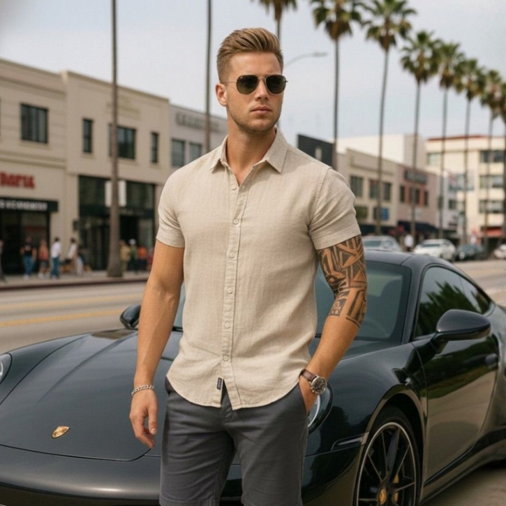 Camisa Linho Masculina Social Gola Italiana Casual Luxo Premium Manga Curta