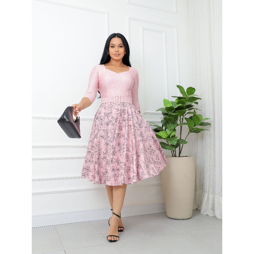 Vestido Godê Midi Suplex Digital Elastano Cintura Marcada com Cinto Manga 3/4 Varias Estampas