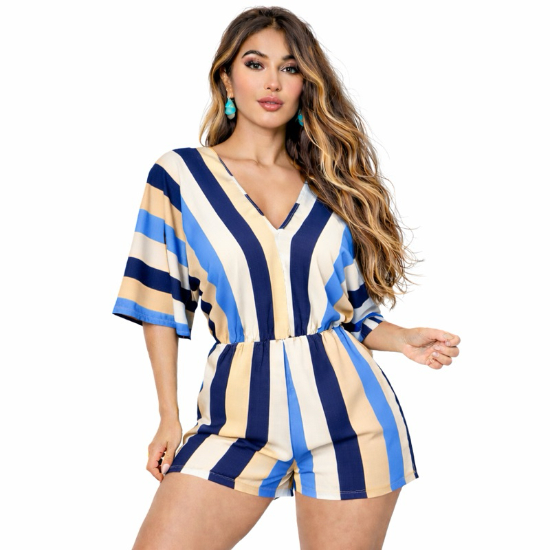 Macaquinho Gola V  Envio Rápido Listra Grossa moda feminina despojado