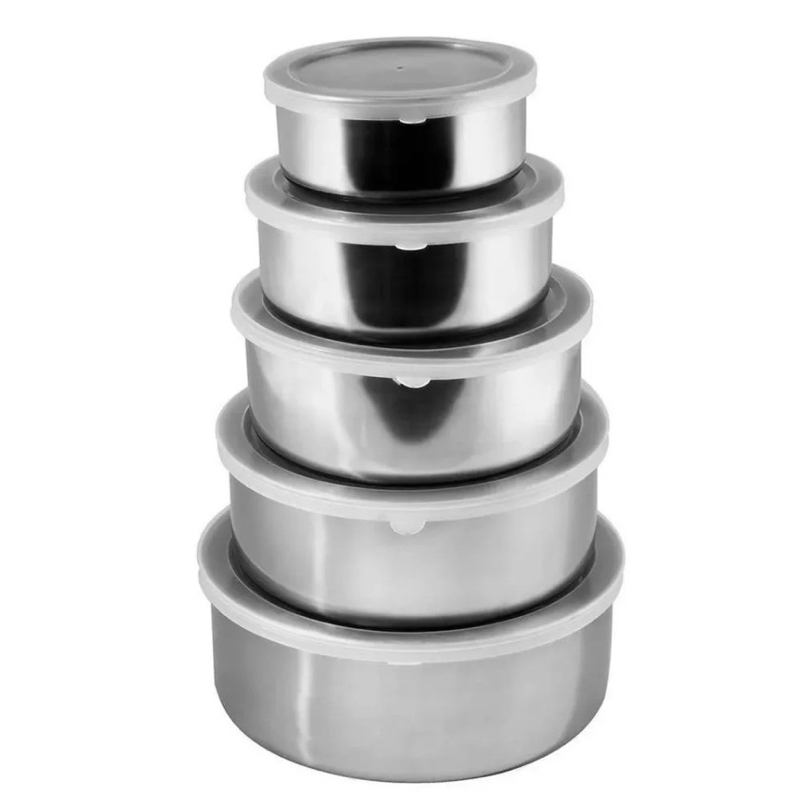 Jogo 5 Potes Tigelas em Inox Alumínio Com Tampa Redondo, resistente e fácil de limpar