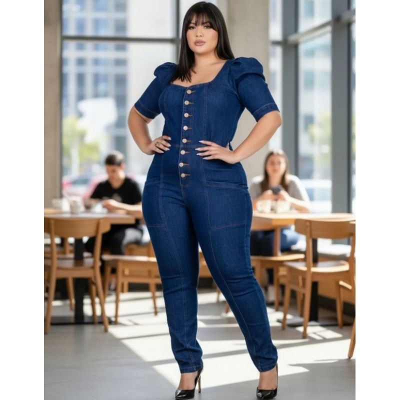 Macacão Calça Jeans Feminino manga bufante Plus Size