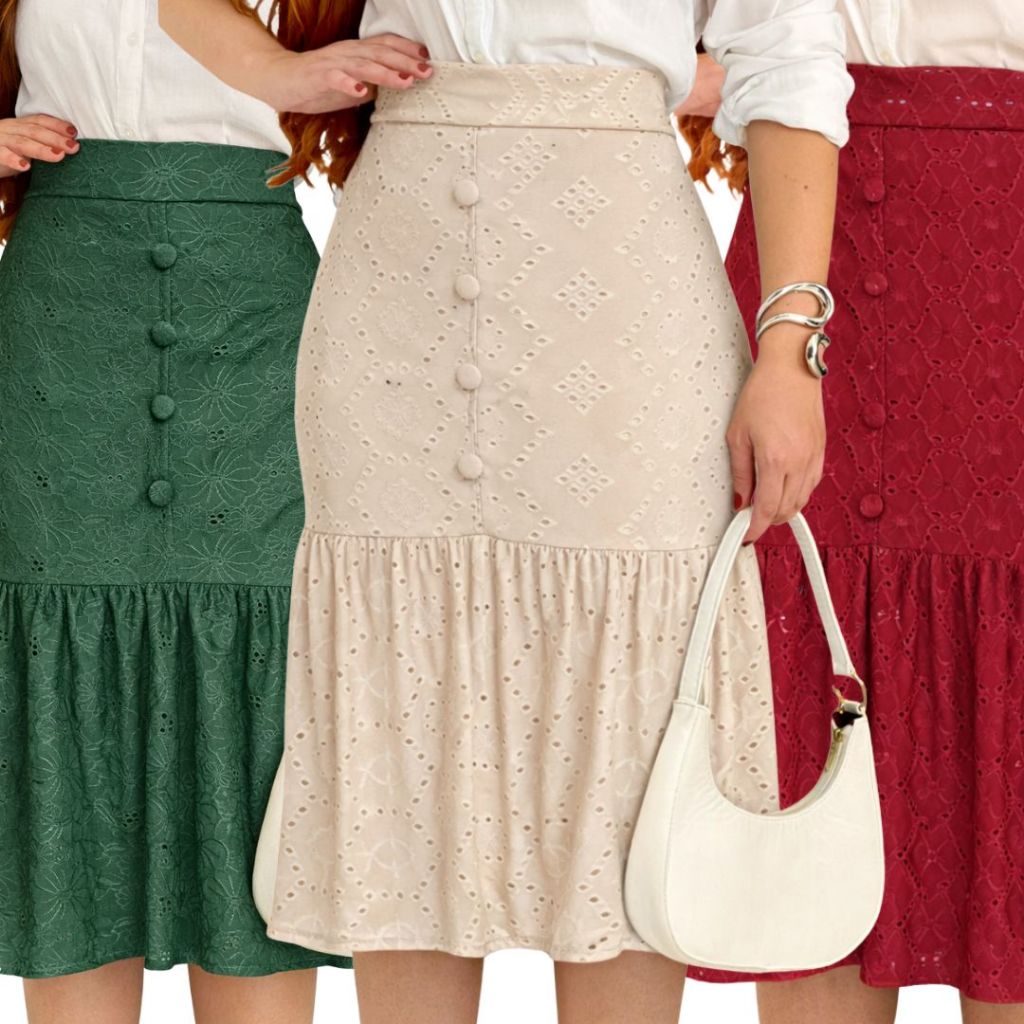 Saia Feminina Midi em Laise com Botões Frontais Forrada Casual Elegante em Oferta na Shopee