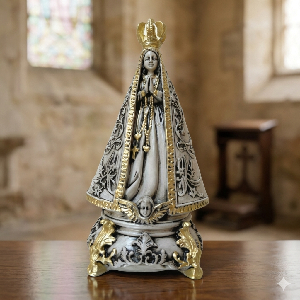 Nossa Senhora Aparecida 22cm em Gesso Marmorizado e Dourado Imagem Sacra Religiosa Decorativa