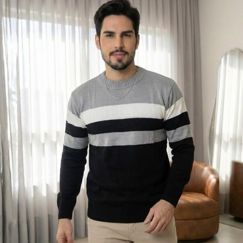 Blusa Masculina Manga Longa Gola Redonda Suéter Tricot Listrado Inverno Casual em Oferta na Shopee
