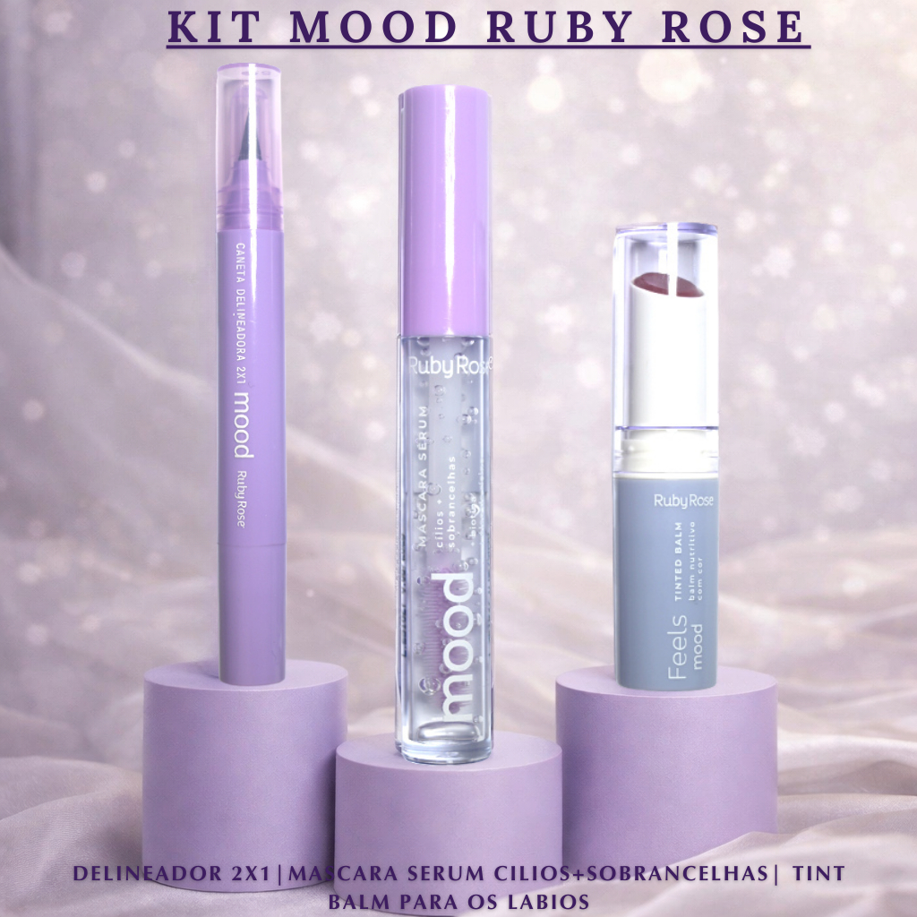 Kit Ruby Rose Mood Delineador 2x1 + Sérum Cílios Sobrancelhas + Tint Balm Hidratante