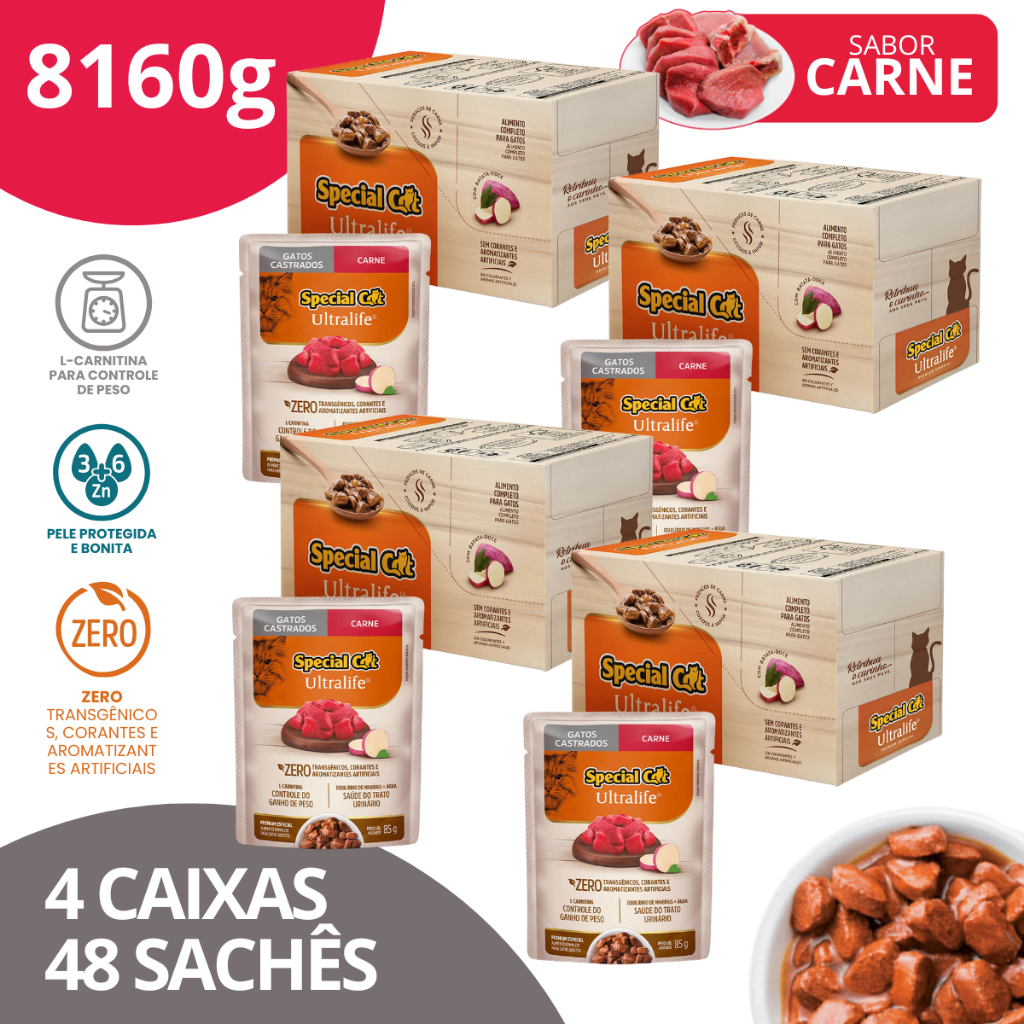Kit 4 Caixa 12 Sachê Special Cat Ultralife Castrados Sabor Carne 85g
