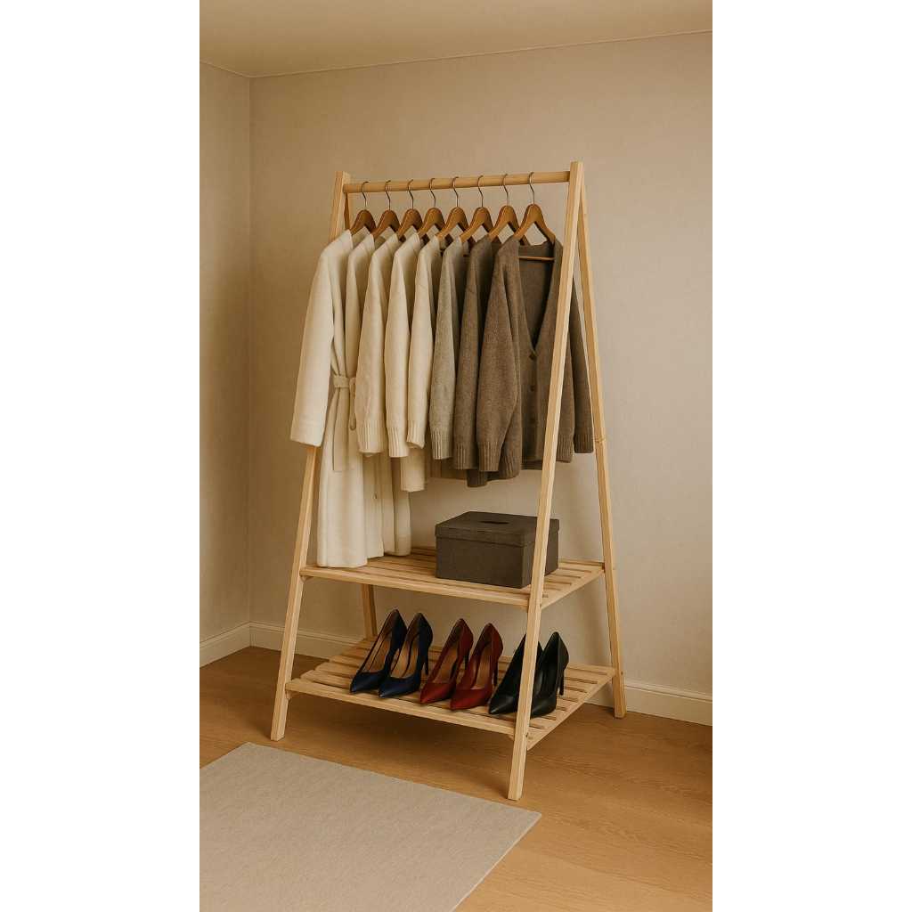 Arara P/ Roupas Madeira Leve Multiuso C/ Porta Sapatos Promo