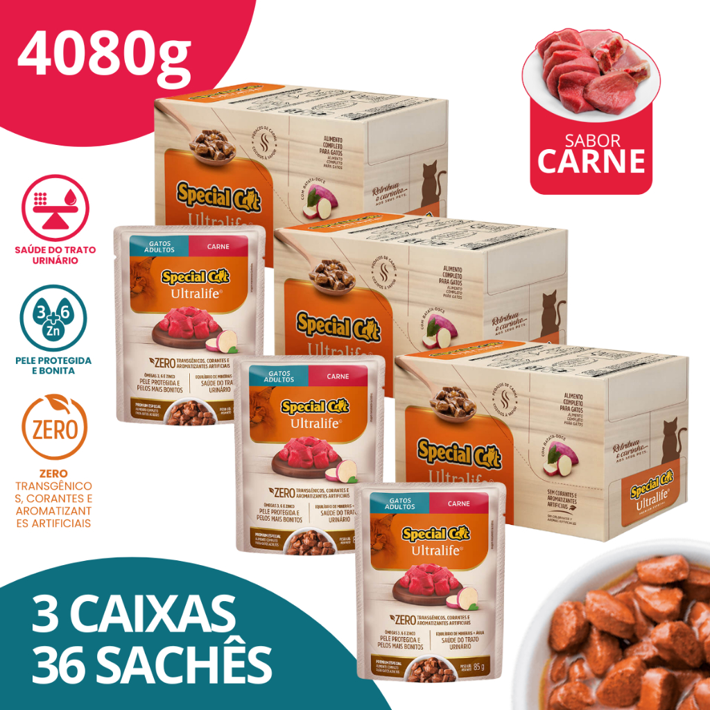 Kit 3 Caixa 12 Special Cat Ultralife Sachê Adultos Sabor Carne - 85g