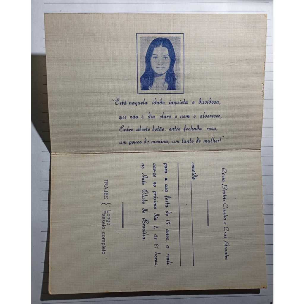 Convite Festa de 15 Anos – Lúcia Beatriz Cunha e Cruz Arantes – Iate Clube de Brasília