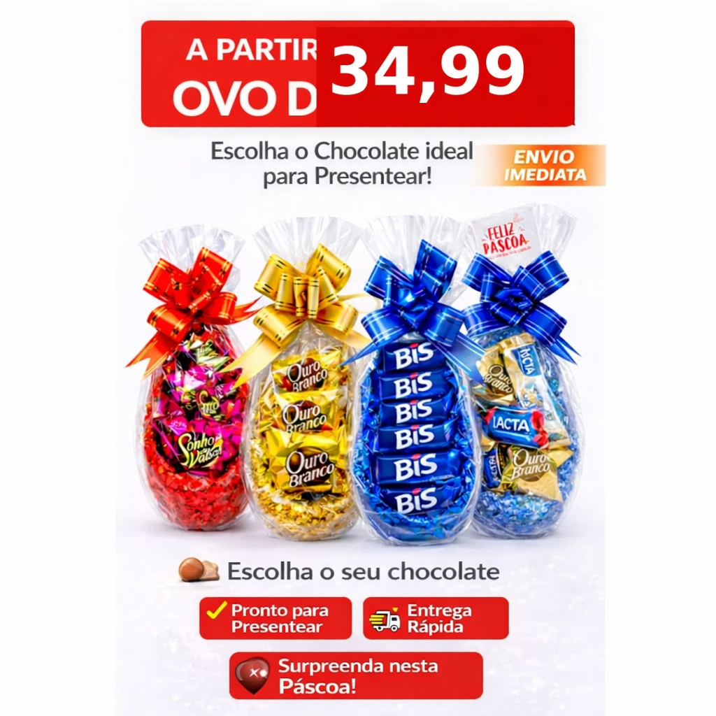 Presente Ovo de Páscoa 250g Recheado Chocolate Bombons, Ouro Branco, Kitkat, Bis, Lacta Neslte Garoto