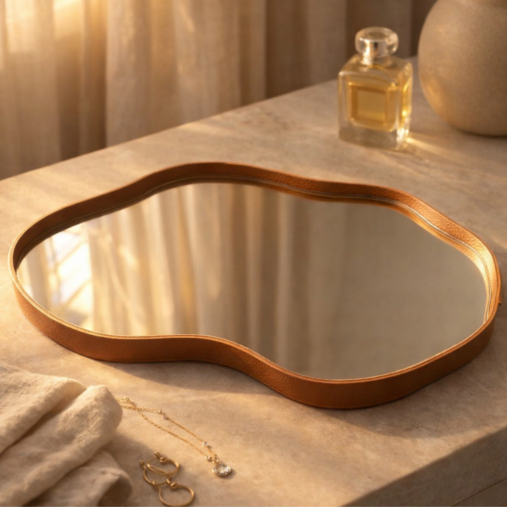 Bandeja Espelhada Decorativa Orgânico Couro Ecológico Premium 38x26cm Sala Quarto Banheiro Mesa Hall