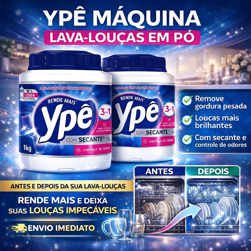 Imagem Lava Louças Ypê em Pó 1Kg -Detergente para Máquina -Limpeza Profunda e Secagem