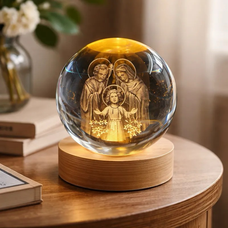 Luminária Abajur Mesa Bola de Cristal Sagrada Família 7 cm Luz LED 3d Decorativa Esfera Bivolt Benção do Lar em Oferta na Shopee