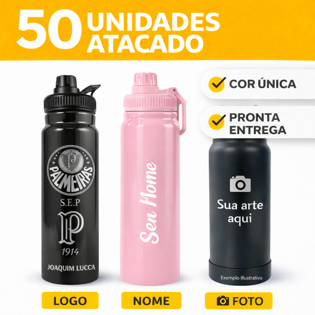 Kit 50 Garrafa Térmica personalizada Inox 350/600/800ml Aço Parede Dupla Isolamento Quente e Frio Grande Capacidade Alça