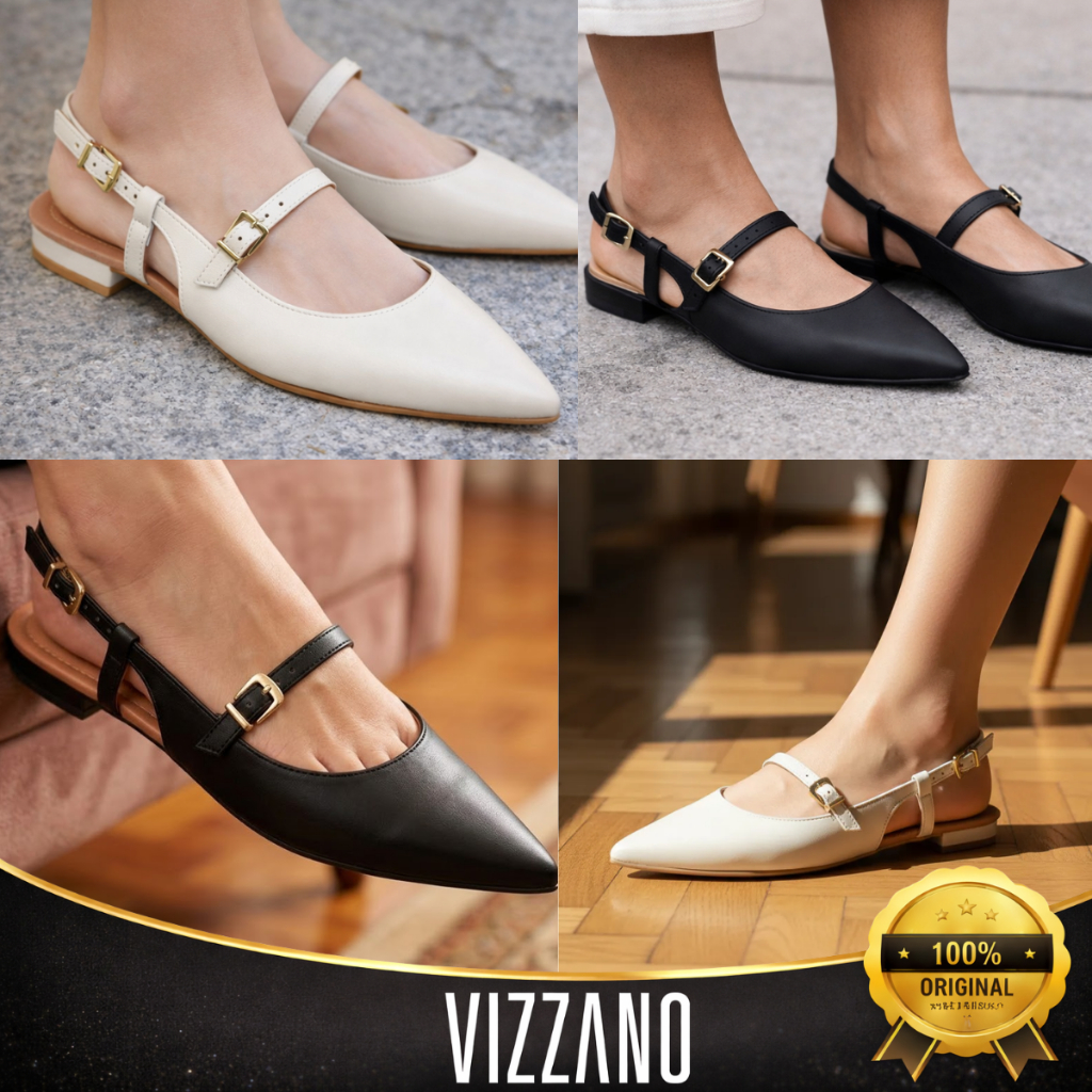 Sapato Vizzano Feminino Slingback Bico Fino Confort Sapatilha Social Salto Baixo Fivela Original