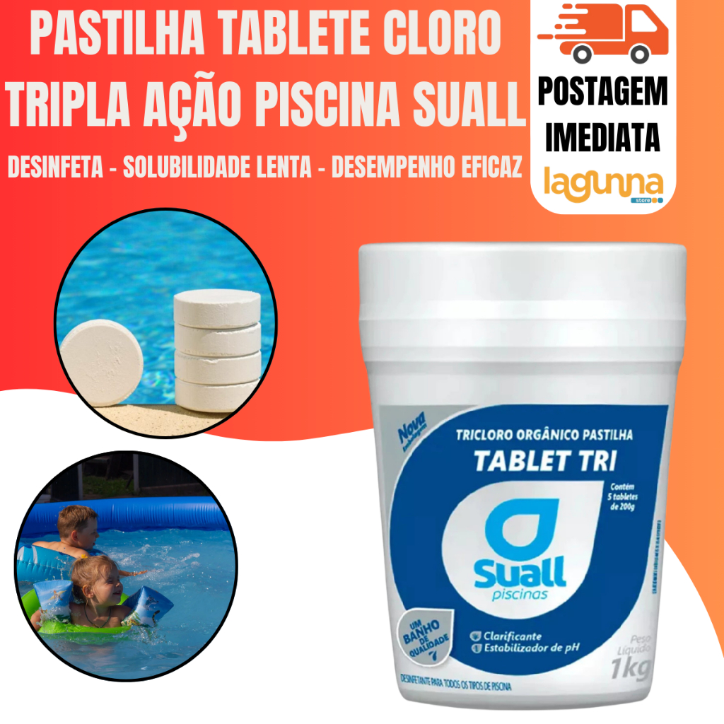 Kit 5 Pastilhas Tabletes de Cloro Tripla Ação 200g Para Piscina Suall em Oferta na Shopee