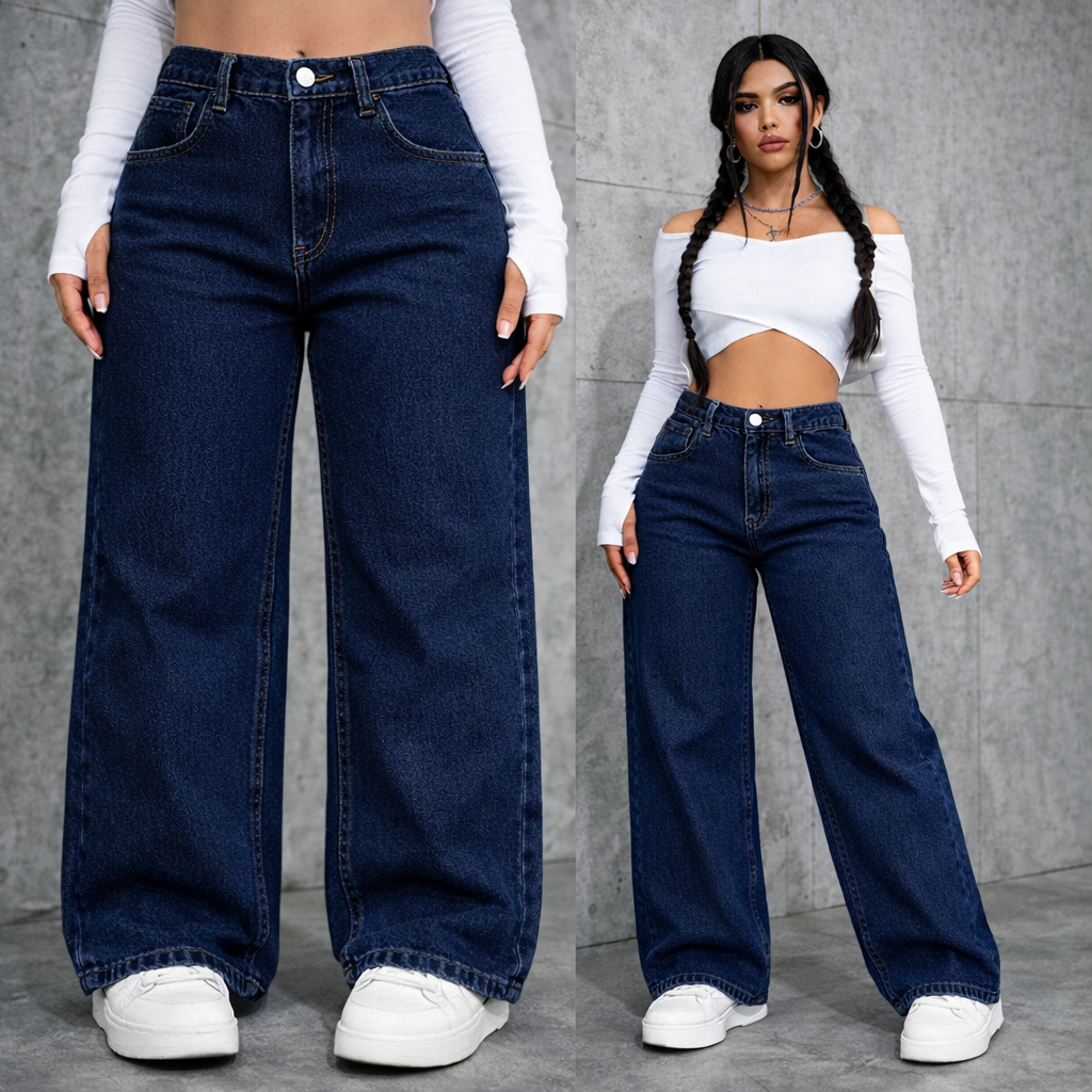 Calça Wide Leg Jeans Feminina Marmorizada Cintura Alta 34 ao 46 Pantalona Levanta Bumbum Perna Larga