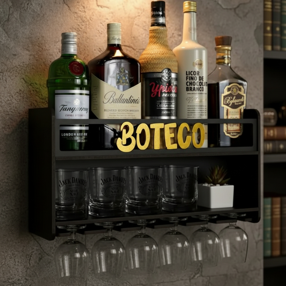 Barzinho de Parede com Porta Taça - Preto ou Amadeirado - Bar Decorativo Sala Cozinha Porta Copos
