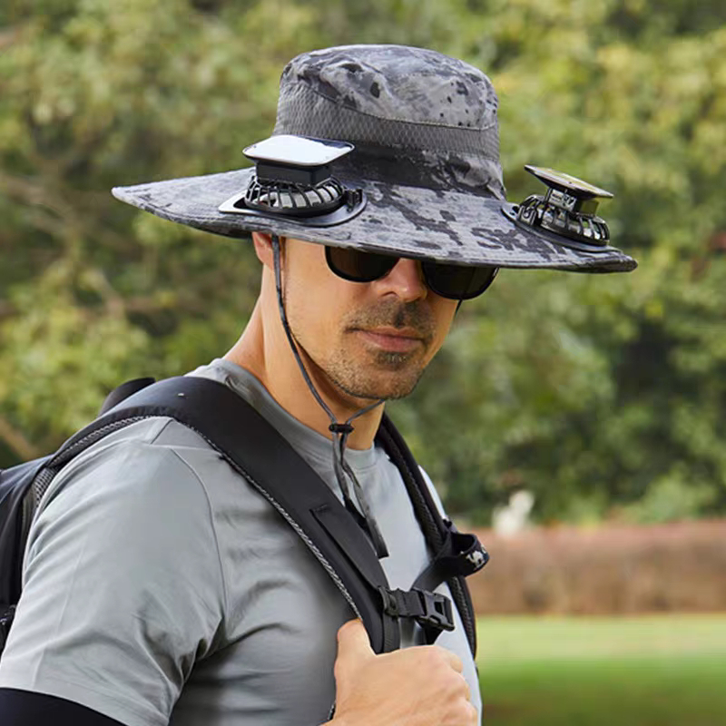 Chapéu Solar com 2 Ventiladores Aba Larga e Proteção UV Ideal para Pesca Camping Praia e Atividades ao Ar Livre