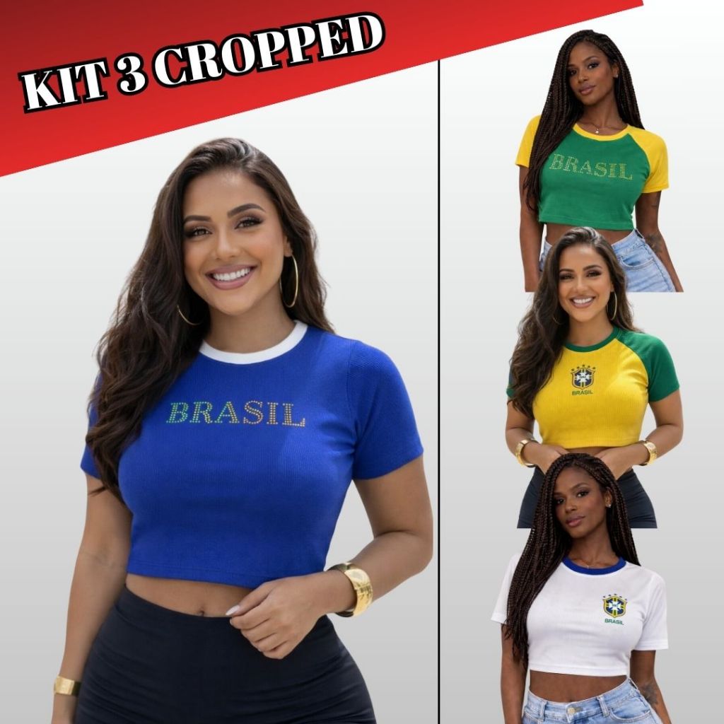 Kit Com 3 Cropped Feminino Seleção Brasileira Casual Básica Em Ribana Cores