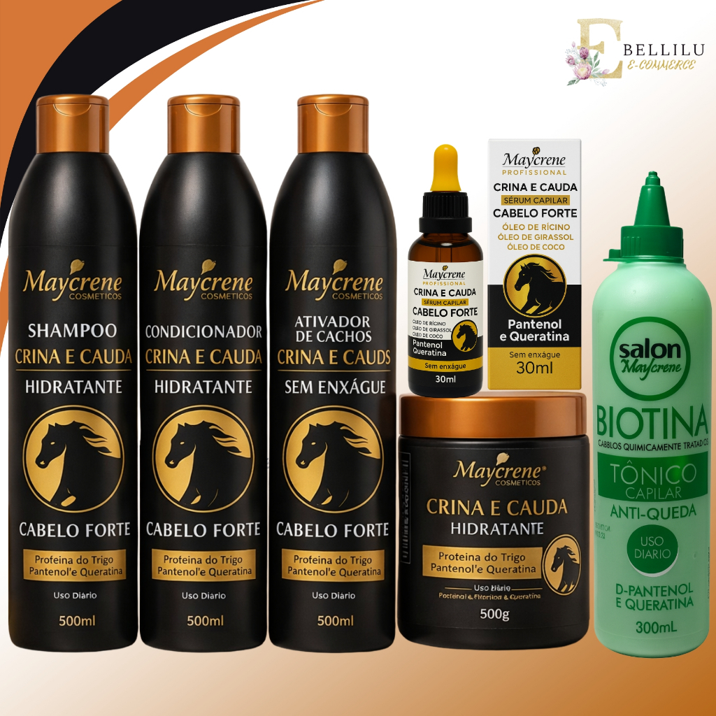Kit Crina e Cauda com Ativador de Cachos + sérum crina e cauda 30ml+ Tônico Biotina Maycrene
