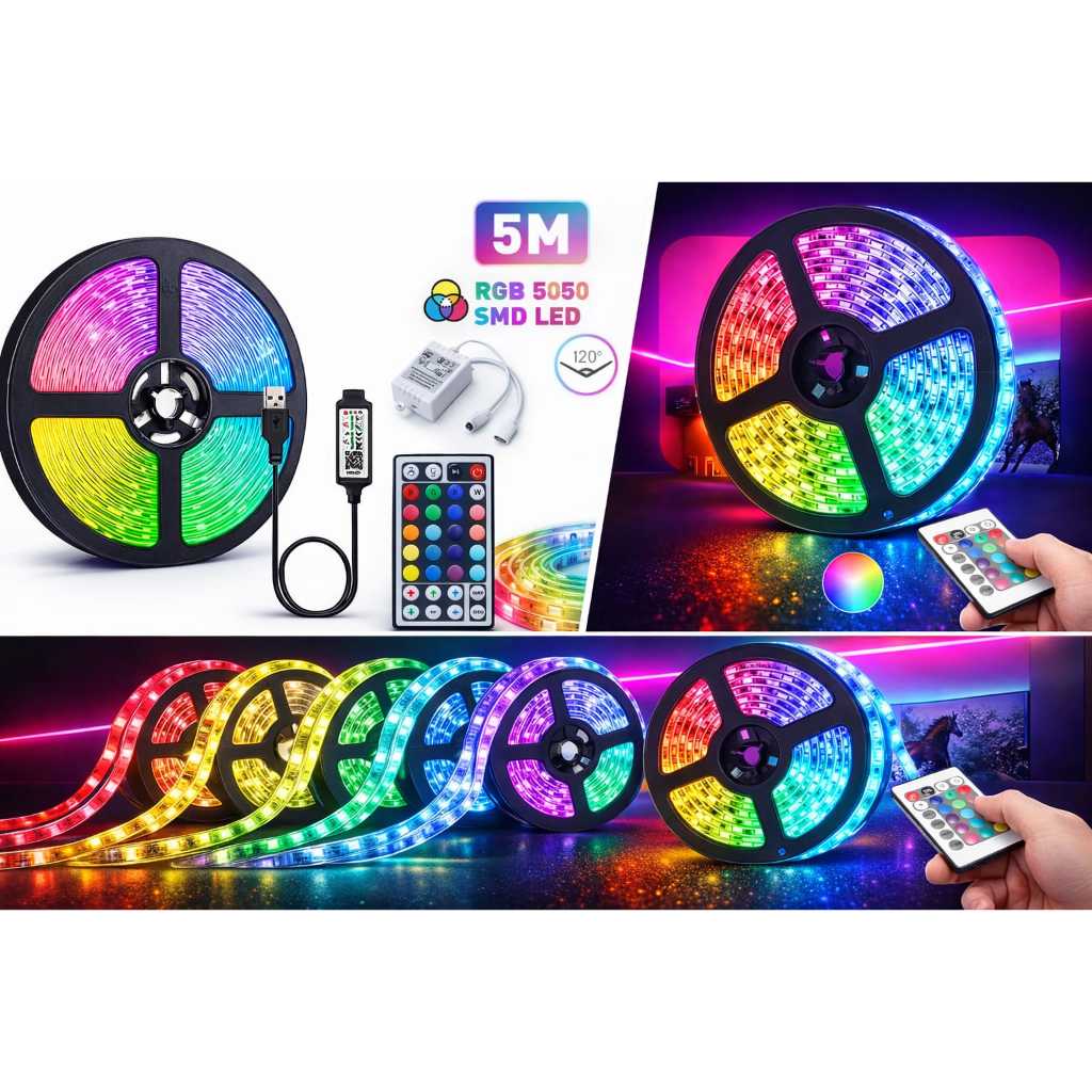 Fita Led Rgb 3528 Colorida 5m + Controle+Fonte 300 Led Decoração