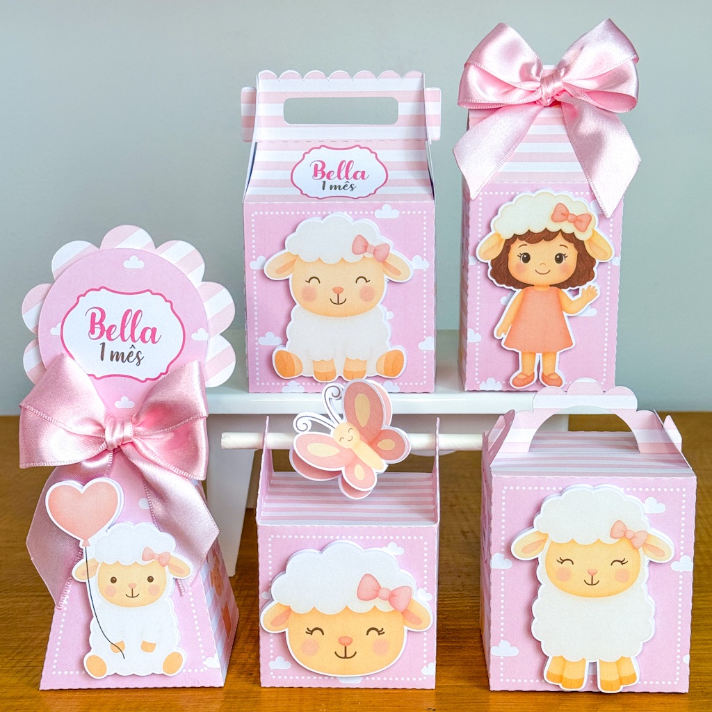 KIT CAIXINHAS PERSONALIZADAS OVELINHA ROSA PEGUE E MONTE-LEMBRANCINHA -BRINDE DE FESTA - ANIVERSÁRIO