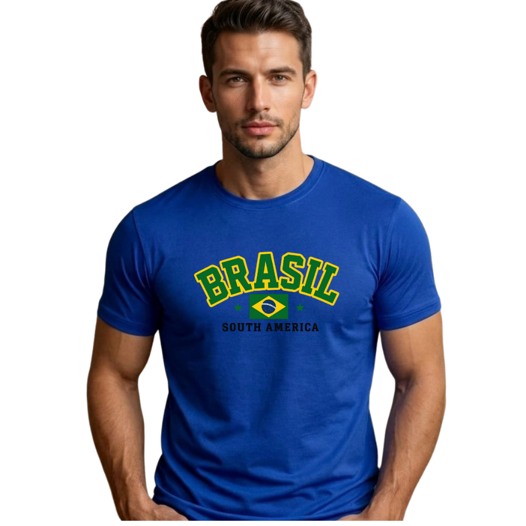 Camiseta Brasil Bandeira Masculina Torcedor Futebol Copa do Mundo 100% Algodão Premium South America