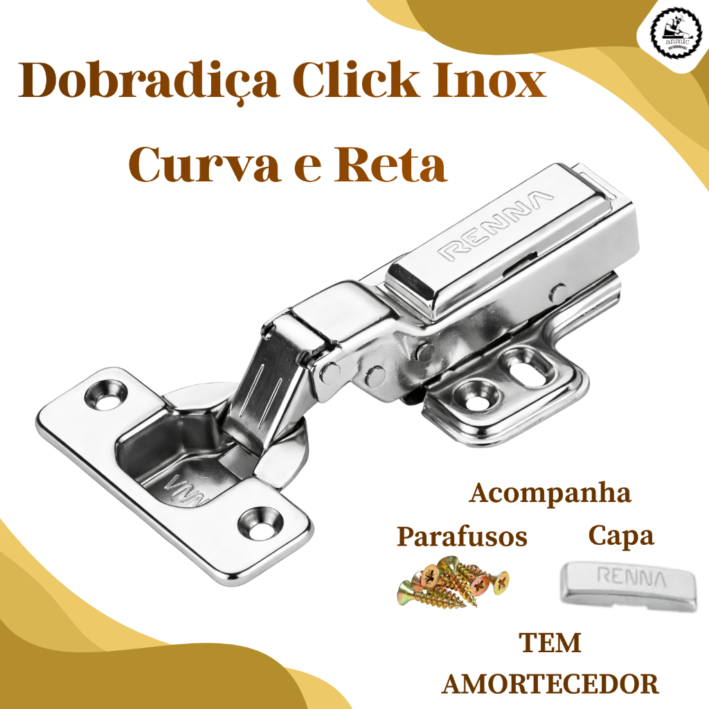 Kit com 2 4 6 8 10 Dobradiça com Amortecedor Inox Click Armário Móveis Closet Pop 35mm Reta Curva