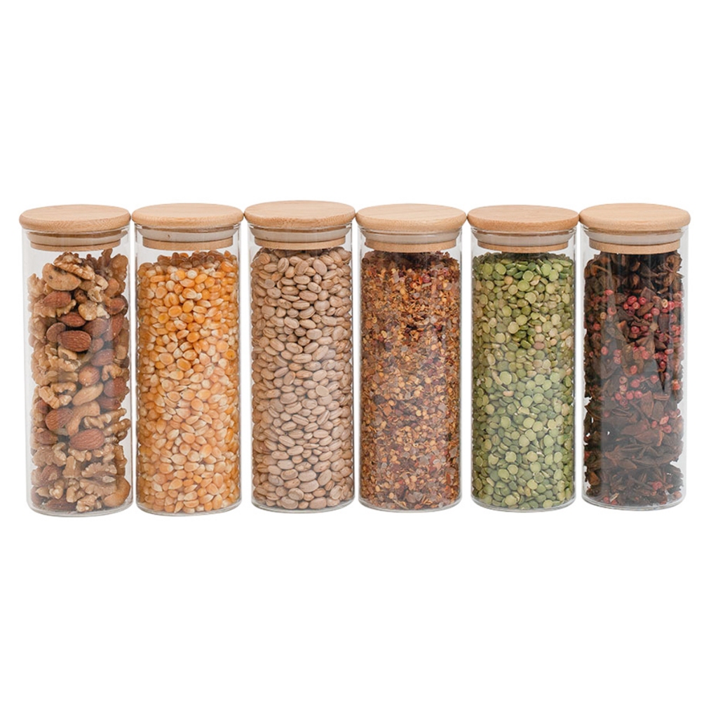 Kit 6 Potes de Vidro P/ Mantimentos 450ml C/ Tampa Bambu Oikos