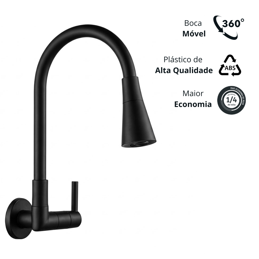 Torneira De Parede/Pia Flexível Para Cozinha Moderna 2 Jatos 1/4 de Volta Cor Preta Abs Silicone