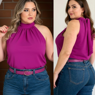 Regata Blusa Plus Size Elegante Gola Alta em Oferta na Shopee