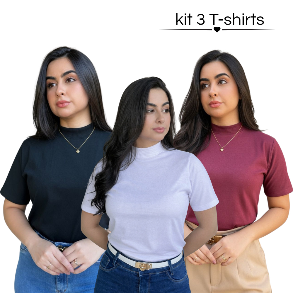 Kit 3 Blusas Femininas Gola Alta Básica de Algodão Fashion e Atemporal em Oferta na Shopee