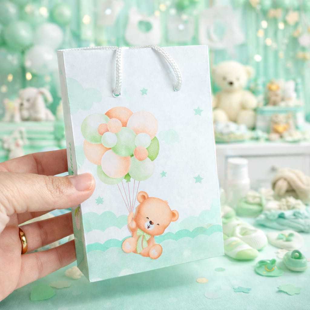 Kit Sacolinhas Lembrancinha Chá de Bebê Ursinho Verde Pegue e Monte | Chá Revelação Ursinho Verde | Sacolinha para Doces